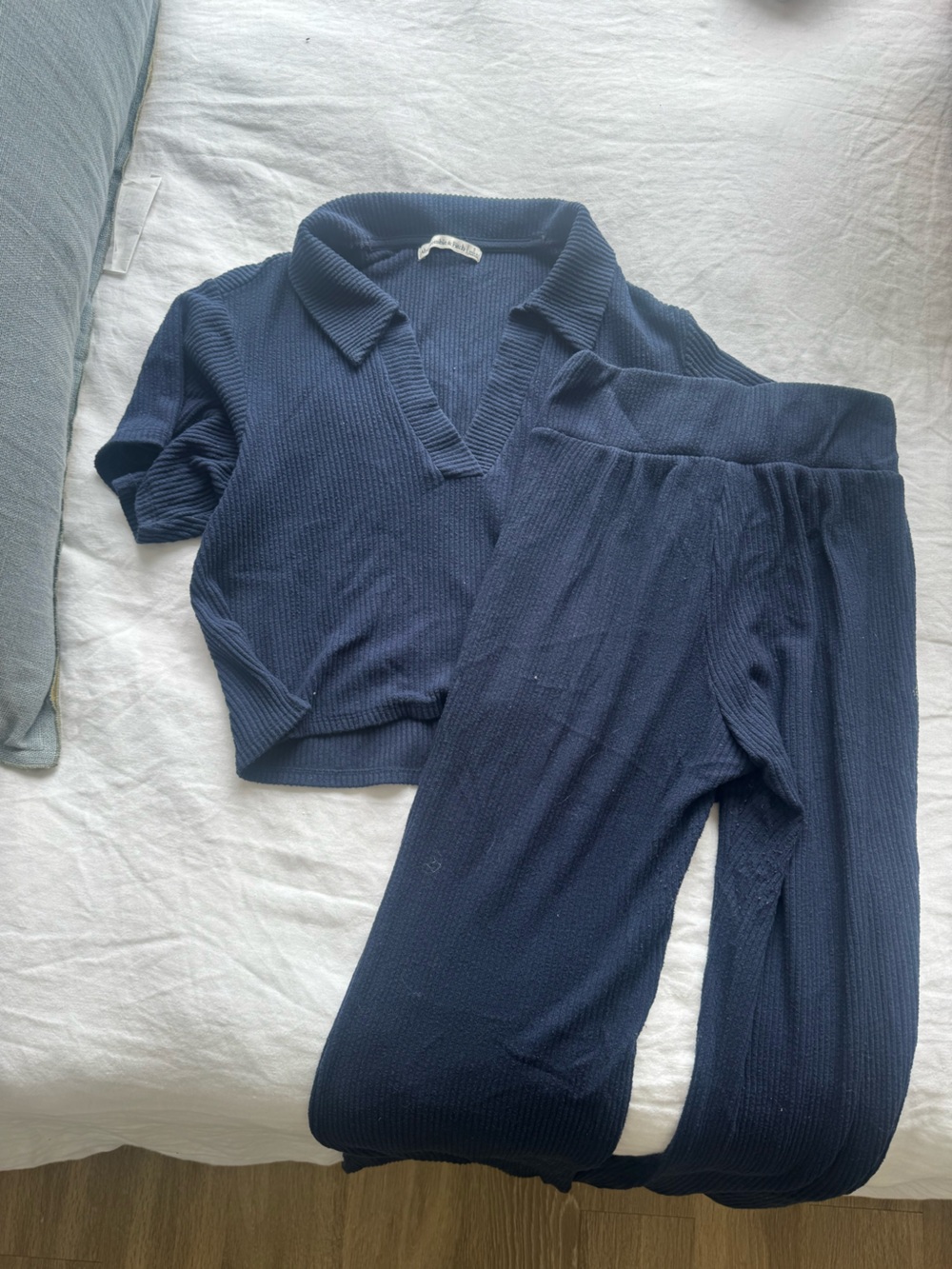 Classic Navy Ribbed Knit Polo Top & Lounge Pants Set